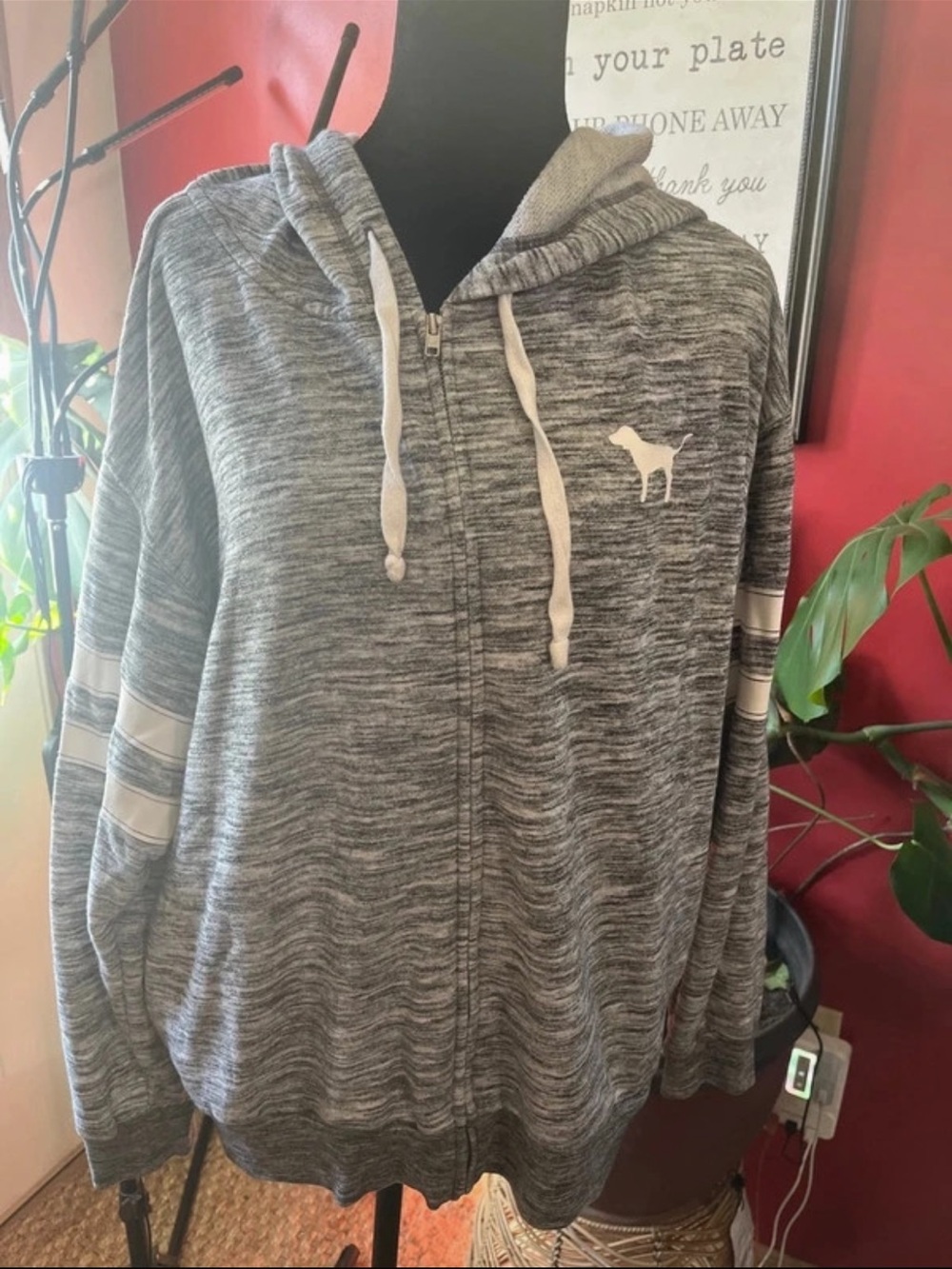 PINK Victoria's Secret Gray Marled Full-Zip Hoodie with White Accents